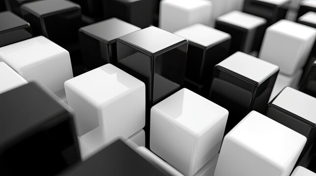 Black and white 3D cubes creating a geometric, high-contrast background, perfect for product or text placement.