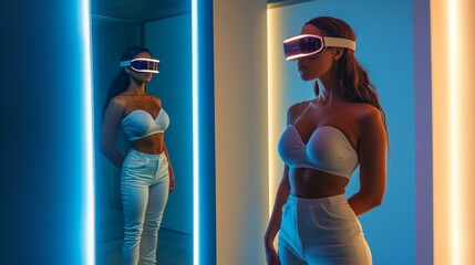 Poster - A confident woman stands in a stylish, colorful environment, wearing a virtual reality headset.