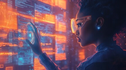 Poster - AI cyber security threat, female African American IT specialist analyzing futuristic holographic data information. blue & orange color, segmented reality artificial intelligence concept banner 