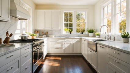 Modern kitchen interior with sunlight