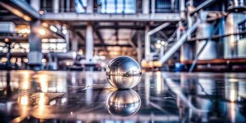 A reflective silver sphere rests on a smooth surface, casting a distorted reflection of the surrounding industrial space, a symphony of light and shadow.