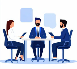 Aufkleber - A group of three professionals engaged in a business meeting, seated at a table with digital devices and speech bubbles overhead.