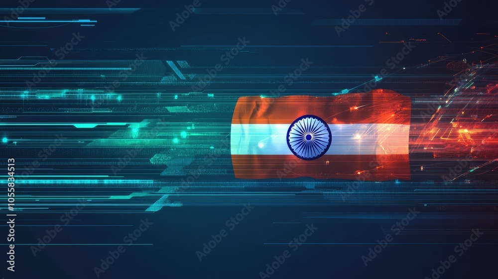 Flag of India on a screen background in a tech setting, blending ...