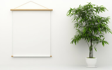 Aufkleber - A minimalistic interior featuring a blank hanging scroll and a potted plant against a white wall, creating a serene atmosphere.