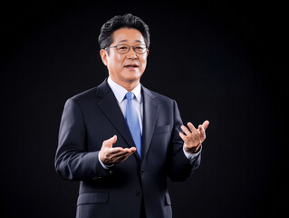 Poster - A well-dressed speaker gestures while presenting on stage against a dark background, conveying confidence and engagement.