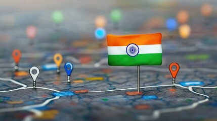 India digital flag and a network of location markers on the map, highlighting national pride on Independence Day