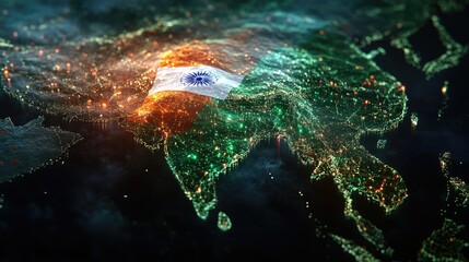 India digital flag and a network of location markers on the map, highlighting national pride on Independence Day