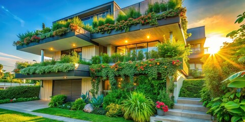 A contemporary home with a lush green roof and vibrant floral accents bathed in the golden glow of the setting sun.