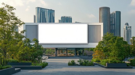 Poster - White placeholder poster on a rooftop, set against the modern mall building and tree-lined surroundings, ideal for mockups