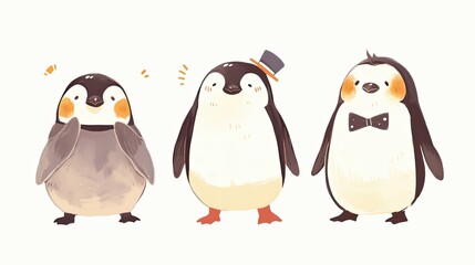 Poster - Three Cartoon Penguins with Different Expressions and Accessories