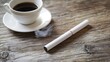 © WINGGOD - A modern, slim electronic cigarette device placed next to a coffee cup on a clean wooden table