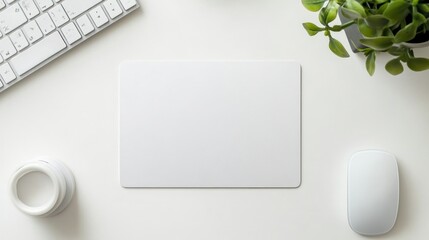 Aufkleber - White Desk with Mousepad, Keyboard, and a Plant
