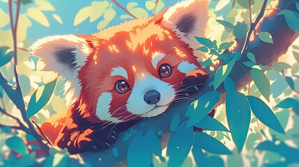 Wall Mural - A Close-Up Portrait of a Red Panda Resting Among Lush Green Foliage