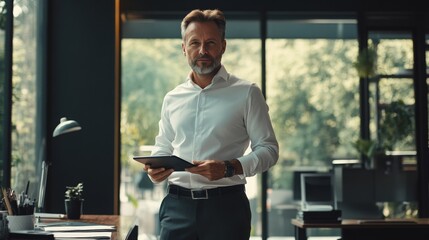 Poster - A well-dressed man stands in a stylish office, holding a tablet and smiling, with greenery in the background. The bright afternoon light enhances the contemporary workspace's inviting atmosphere.