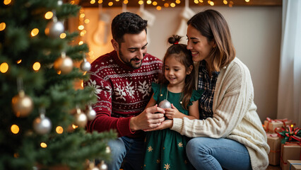 Joyful Family Decorating Christmas Tree: Perfect for Holiday Ads, Greeting Cards, and Family-Oriented Campaigns