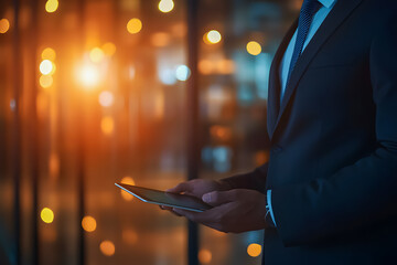 Aufkleber - Businessman Holding Tablet in Modern Office Setting