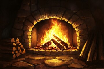 Fototapete - Cozy Fireplace With Burning Logs and Stone Surround
