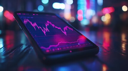 Poster - Innovative smartphone displaying stock market trends with vibrant graph visuals and tech branding insights