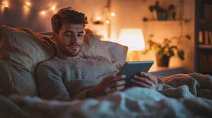 Aufkleber - A man relaxes in bed surrounded by warm blankets, captivated by his tablet. Soft lights create a cozy atmosphere, enhancing the peaceful vibe of a quiet evening at home.