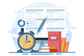 Poster - Concept of online exam on smartphone or computer. Online exam, opinion checklist, online education, questionnaire form, survey metaphor, answer internet quiz. Flat vector illustration.