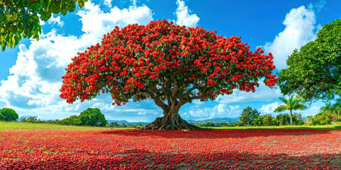 a large red tree stands in a field of red flowers