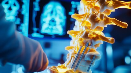 Poster - A skilled medical professional is carefully examining a detailed spine model with tools in hand, while analyzing spinal images displayed on monitors in a clinical laboratory environment.