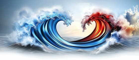 Wall Mural - Dynamic clash of elements the stunning visual dance of blue and red waves in harmony over a tranquil sea