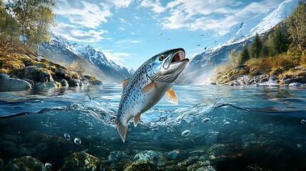 Wall Mural - a majestic trout leaps from crystal-clear waters surrounded by breathtaking mountain scenery and lus
