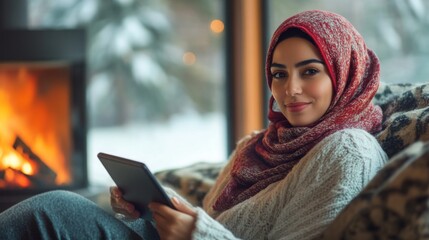Aufkleber - A young woman wearing a warm scarf and sweater sits comfortably on a sofa, engaged in reading a tablet. The glowing fireplace and snowy outdoor scene create a warm atmosphere.