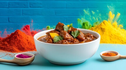 Vibrant spices and savory stew a culinary journey through colorful flavors and aromas in a bowl of deliciousness