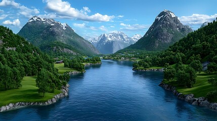 Wall Mural - breathtaking mountain landscape a tranquil river flowing through lush green hills and majestic peaks