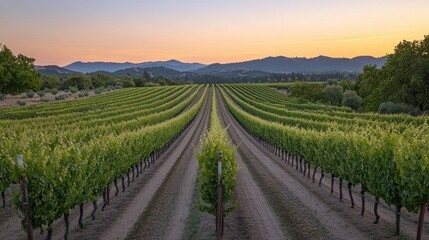 Poster - Sunset Over a Vineyard with Rows of Grapevines