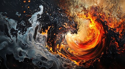 Fototapete - A close-up of fire and water swirling together, with intricate details in the motion of both elements