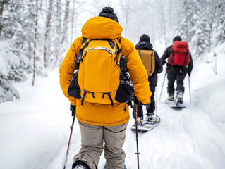 a traditional canadian snowshoe trek through a snowy forest, with friends enjoying an outdoor advent