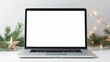 © Ksu - laptop with white screen on white background, Christmas background, copy space, mock up, Christmas light interior