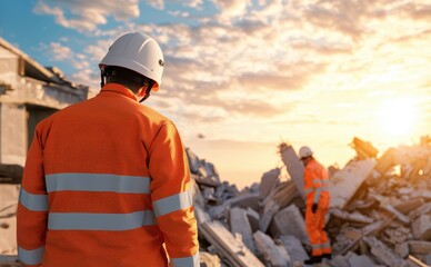 Construction workers inspecting a demolition site at sunset.