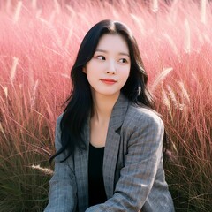 Image of young woman in the fall fields with pink muhly in bloom.