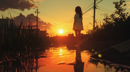 Poster - A serene sunset scene with a figure standing by a reflective waterway, capturing a moment of tranquility.