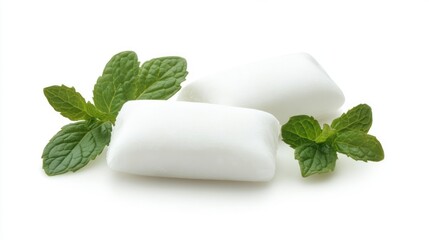 Two pieces of chewing gum accompanied by fresh mint leaves isolated on a white background