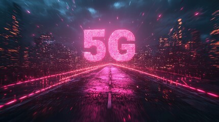 A 5G Sign Illuminated in Pink on a Road Leading Through a City at Night