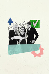 Poster - Vertical photo collage of three serious business old young men girl colleagues arrow success gear checkmark isolated on painted background