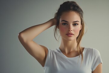 Wall Mural - A stunning young woman in a simple white T-shirt stands confidently under studio lights, against a solid black backdrop.