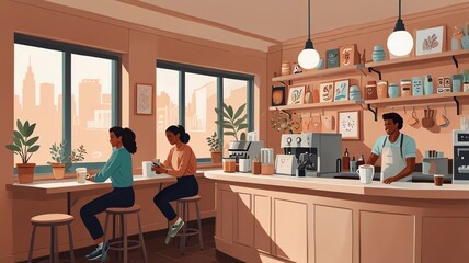 A cozy cafe with large windows overlooking a city skyline