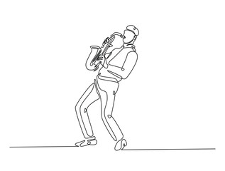 Wall Mural - Continuous one line drawing of Saxophonist mucisian. Saxophone player single line art vector illustration. Editable vector.