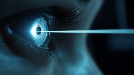 Fototapete - A detailed view of a human eye features a focused laser beam projecting a light spot. This moment captures the intersection of biology and technology, emphasizing the eye's intricate structure.