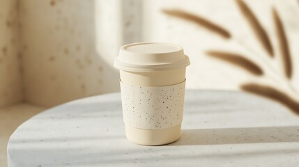 Minimalistic coffee cup mockup with a blank label, placed on a light background with space for branding