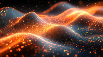 Poster - Abstract wave pattern with glowing orange dots on dark background, resembling digital data flow or particle waves