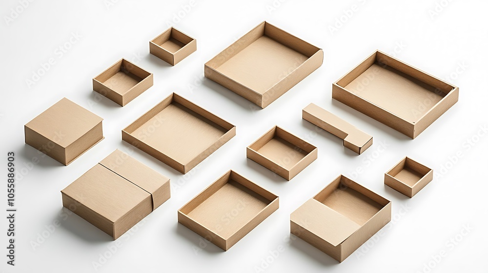 Flat lay of multiple mockup boxes in various sizes, arranged on a light ...