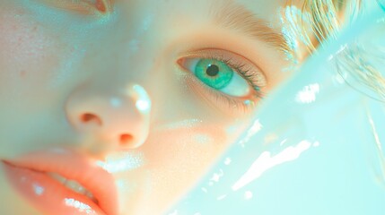 Captivating close-up portrait showcasing mesmerizing blue eyes and soft features with a dreamy aesthetic effect