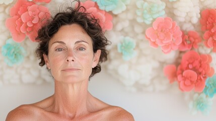 Captivating portrait of a woman amidst colorful floral background exploring beauty and serenity in a soft environment